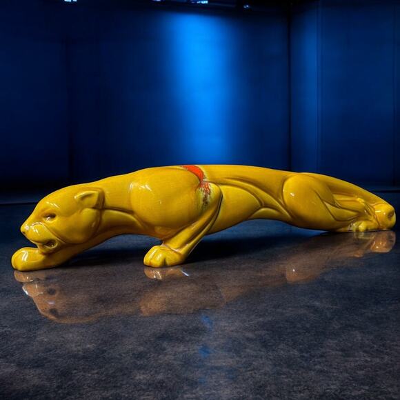 Mid Century Yellow Ceramic Panther Figurine – Rare Red Accent Glaze – 1950s - Picture 1 of 8